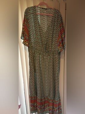 BloomChic Teal Floral Maxi Dress with Multi-Color Border